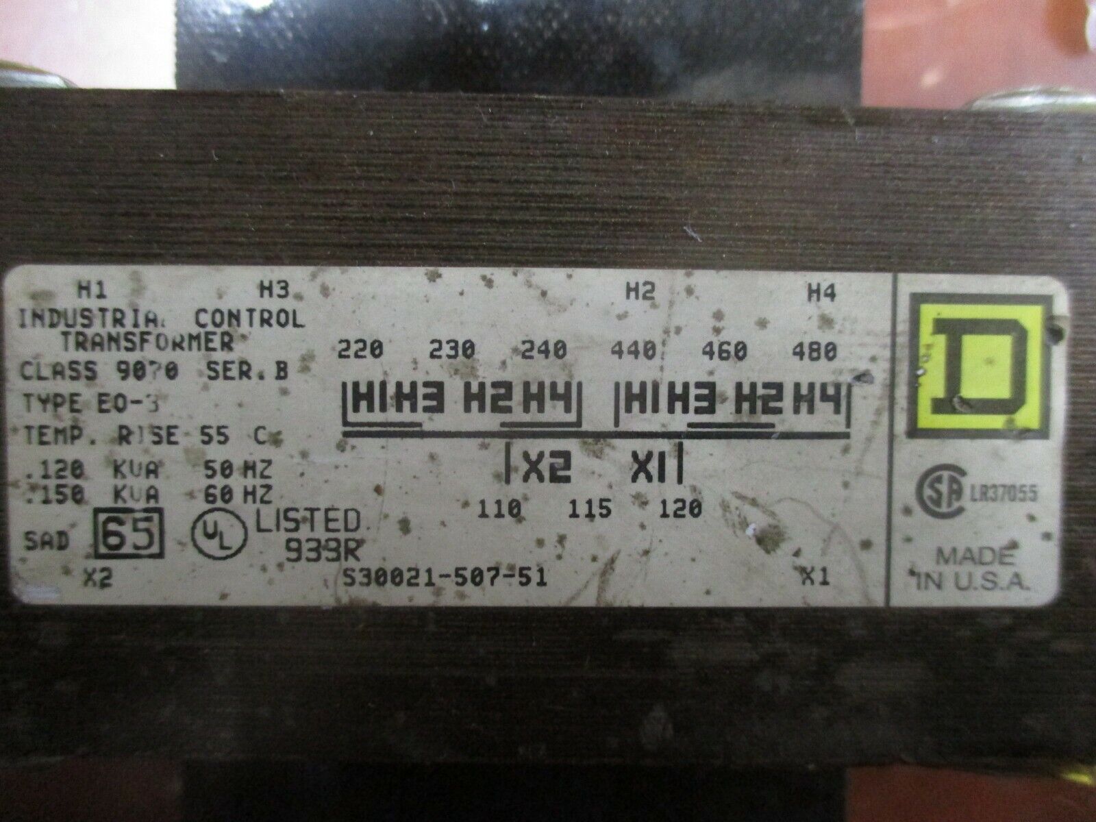 Square D Control Transformer 9070 E0-3 0.150KVA Pri: 240/480V Sec: 120V Used