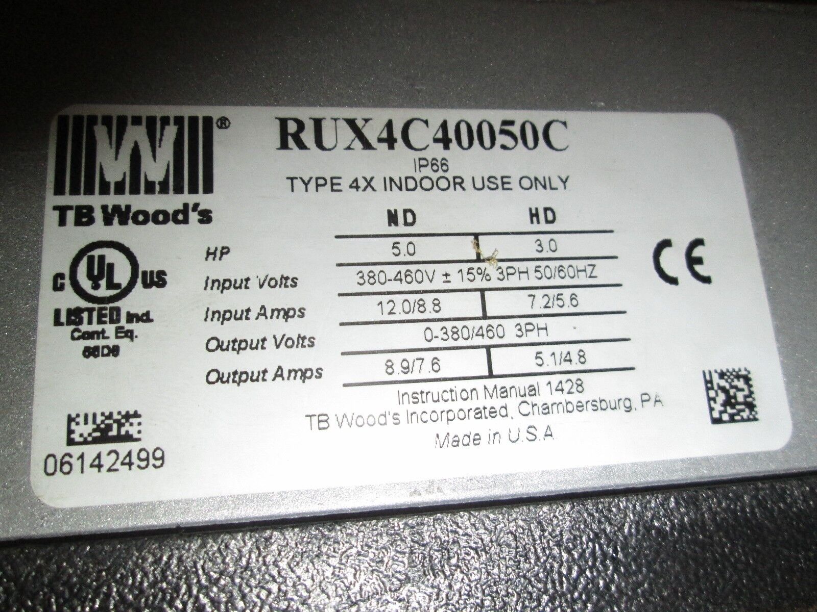 TB Woods X4 AC Drive RUX4C40050C 5HP Type 4X Used