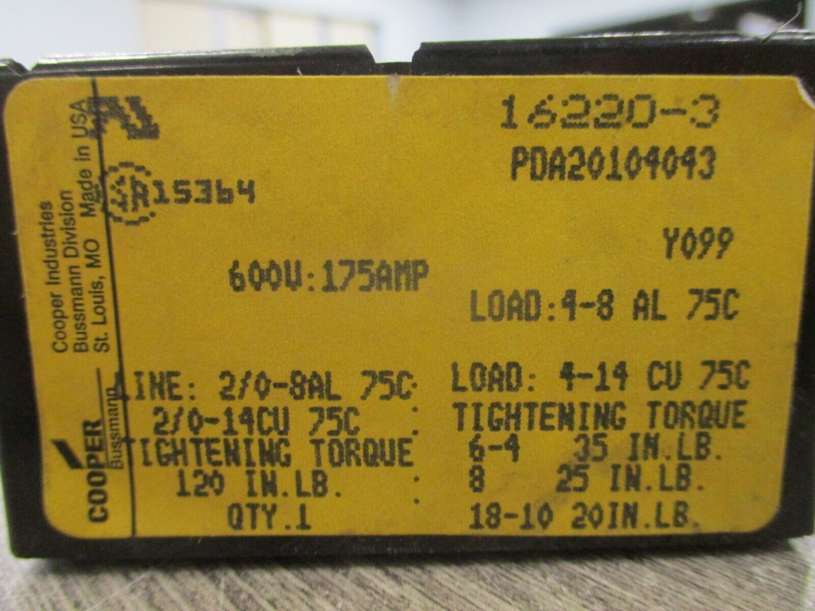 Cooper Bussmann Power Distribution Block 16220-3 175A 600V 3P Line: 2/0-14 Used