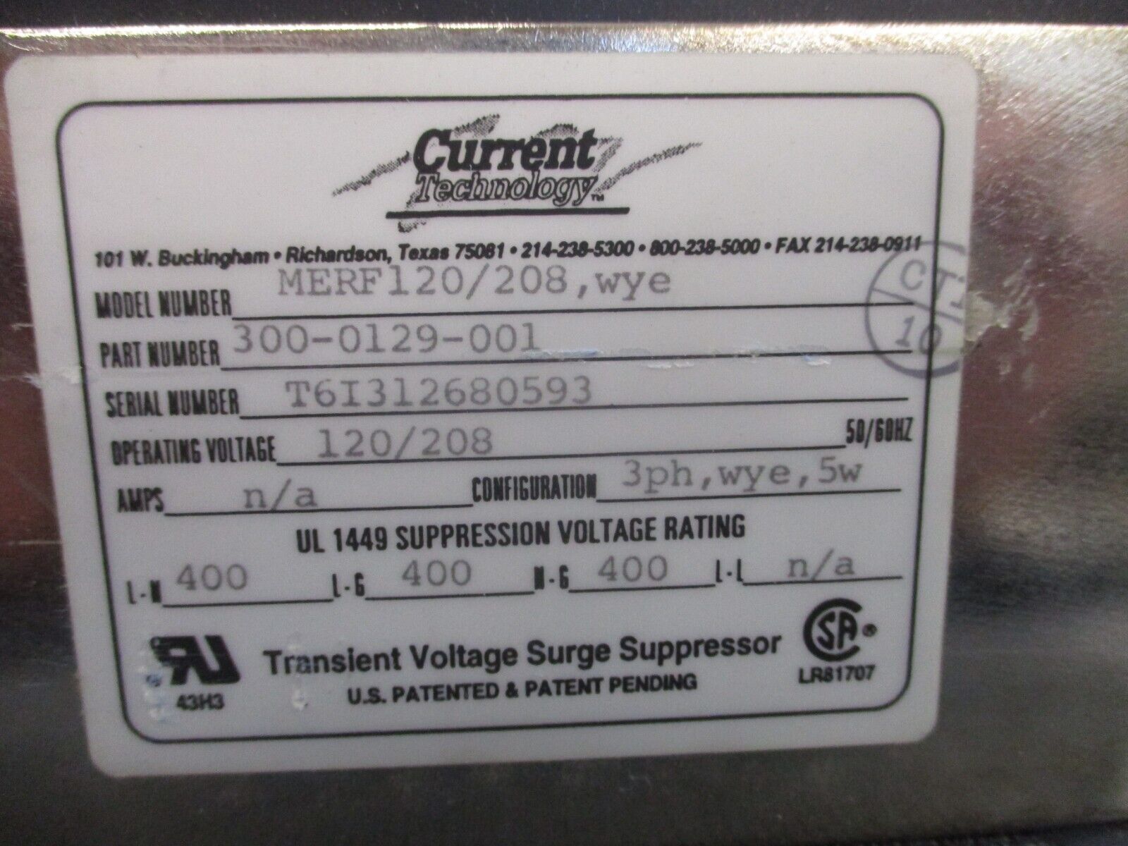 Current Technology MERF120/208,WYE Surge Suppressor 300-0129-001 120/208V