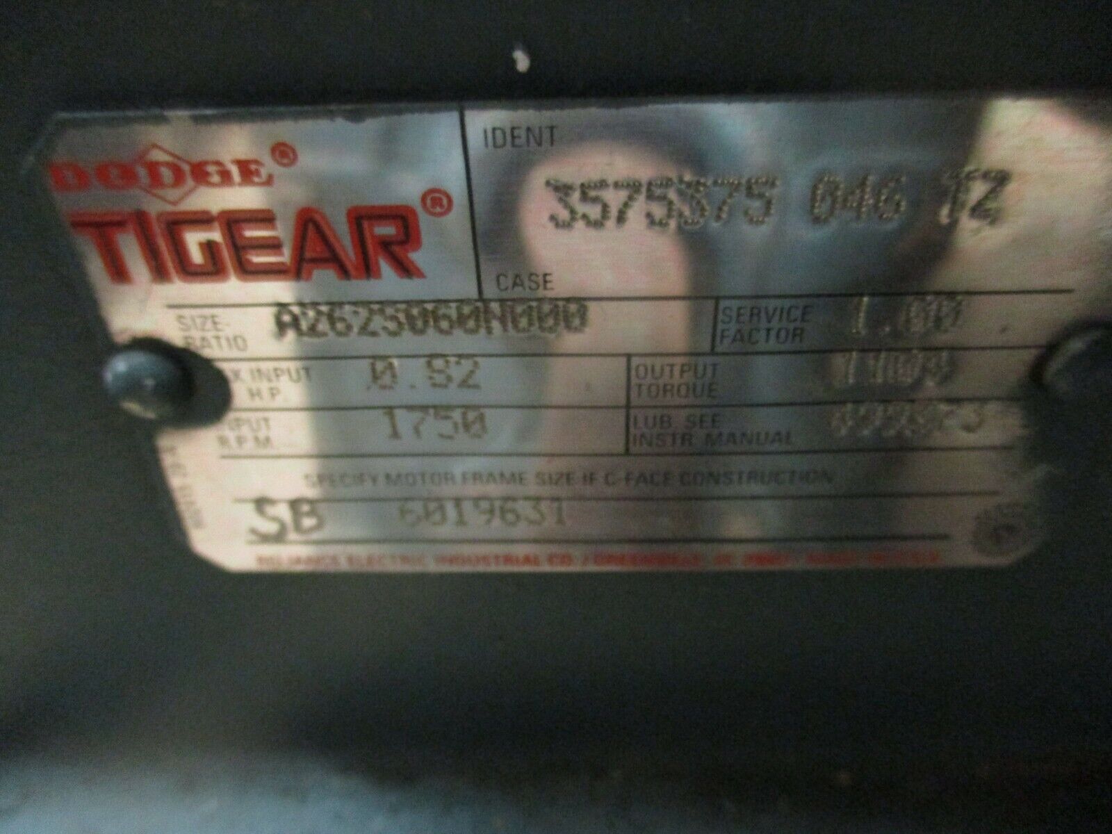Dodge Tigear Reducer A262S060N000 Ratio: 60 0.82HP In 1750RPM In Used