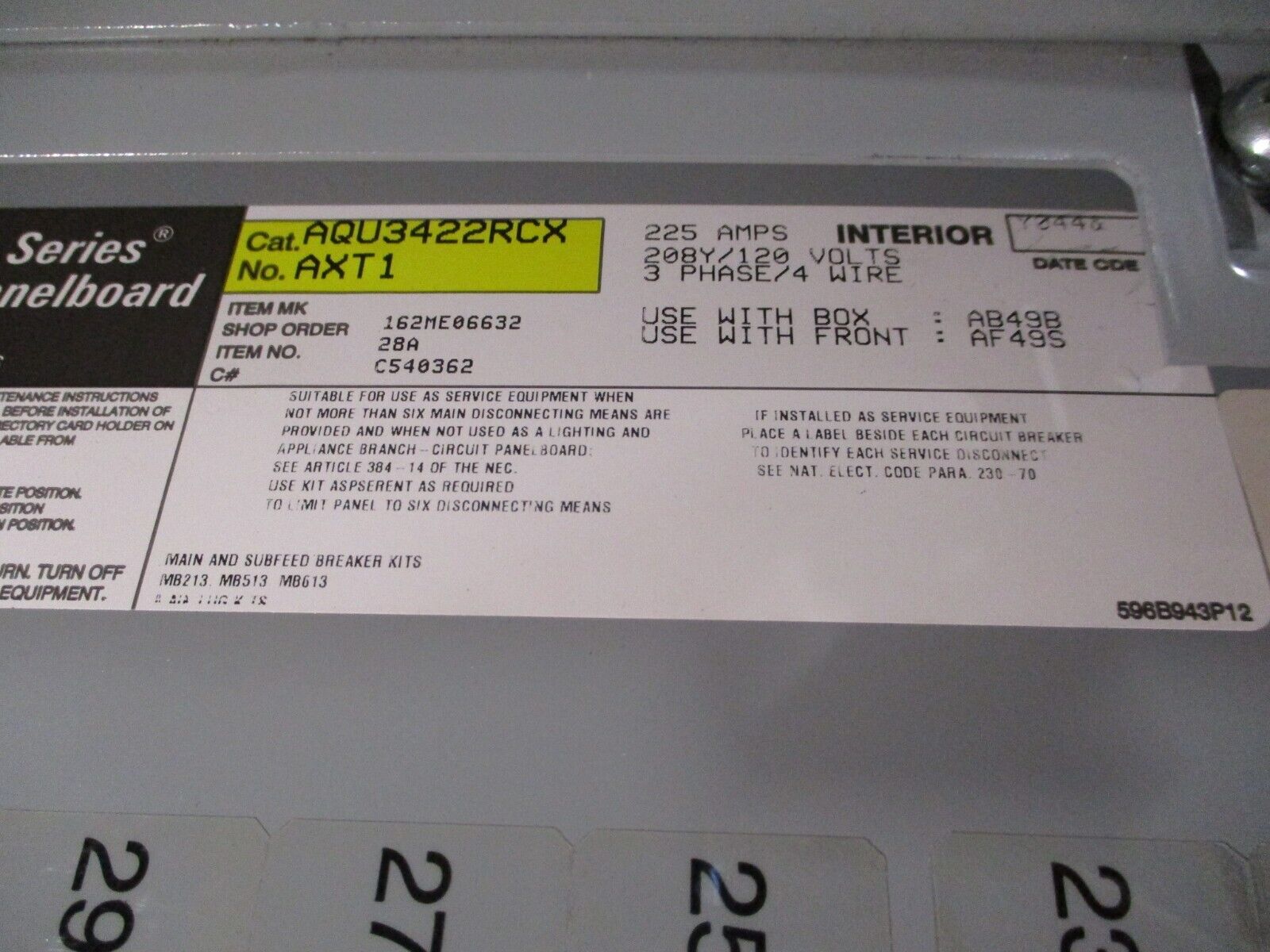 GE Main Lug Breaker Panel AQU3422RCX 225A Max 208/120V 3Ph 4W 42-Slot Used