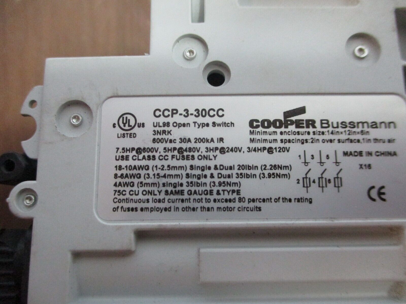 Cooper Bussmann Fusible Disconnect CCP-3-30CC 30A 600V 3P Used
