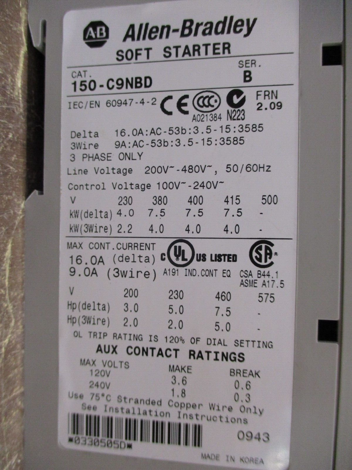 Allen-Bradley SMC-3 Soft Start 150-C9NBD Ser. B FRN 2.09 Used