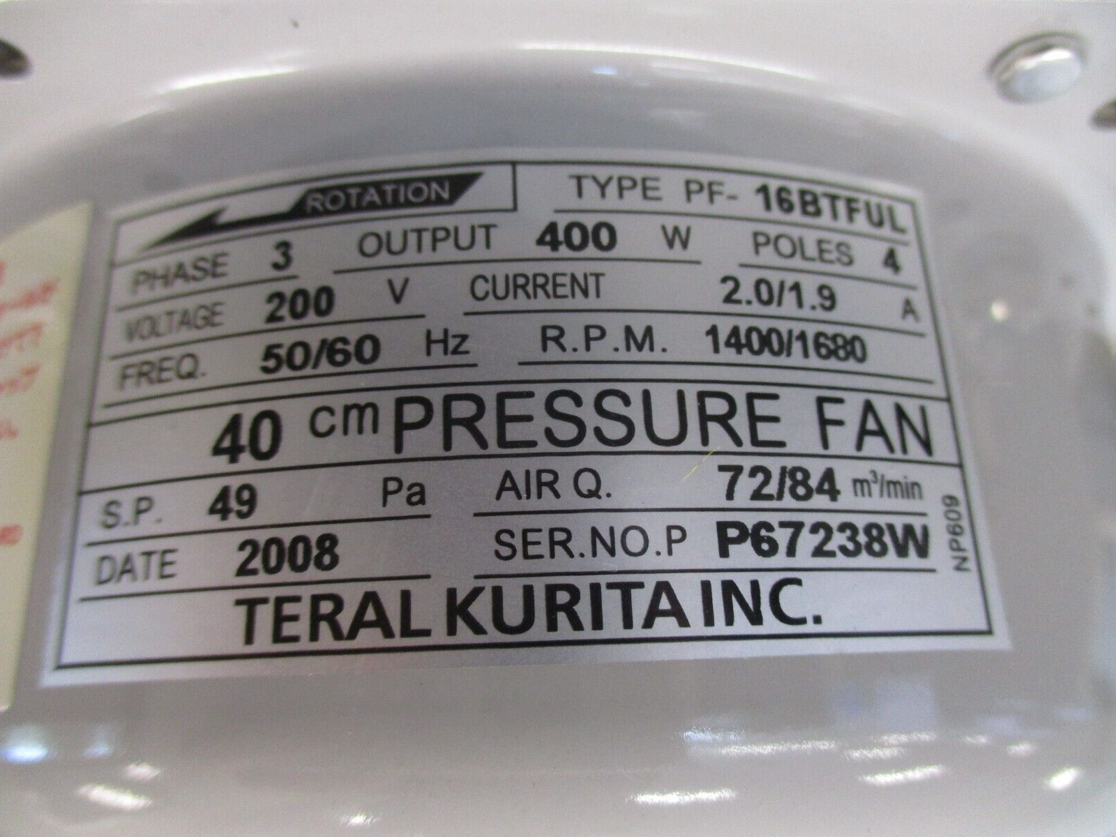Teral Kurita 40cm Pressure Fan PF-16BTFUL 72/84 m3/min 200V 3Ph 4P 50/60Hz 400W