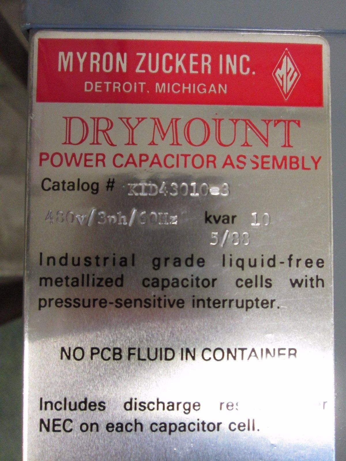 Calmount Drymount Capacitor KID43010-3 10 KVAR 480V 60Hz 3Ph Used