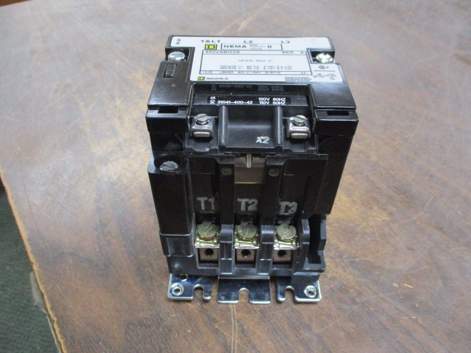 Square D Size 0 Contactor 8502SB02S 120V Coil 5HP 600V 50/60Hz Used