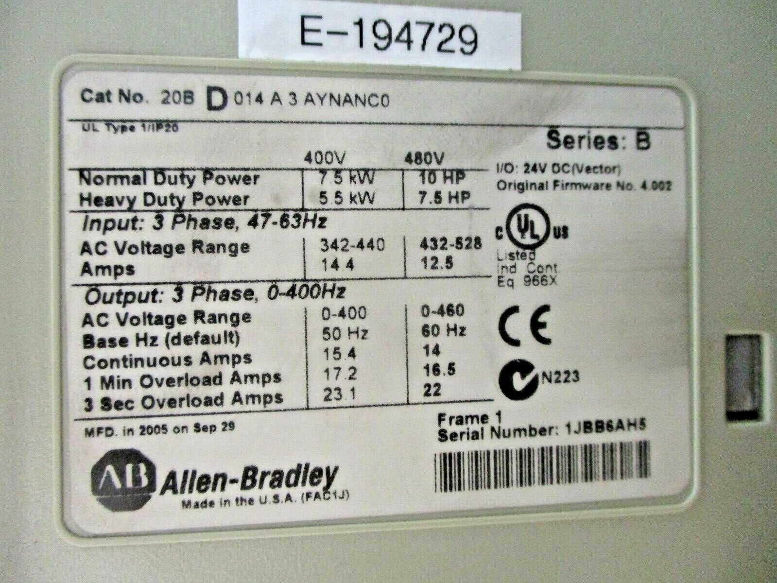Allen-Bradley PowerFlex 700 AC Drive 20BD014A3AYNANC0 Series B 10HP 3Ph, Used