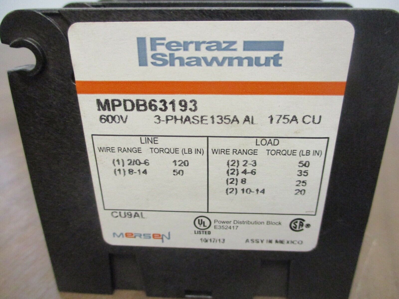 Ferraz Shawmut Power Distribution Block MPDB63193 135A 600V 3P Used