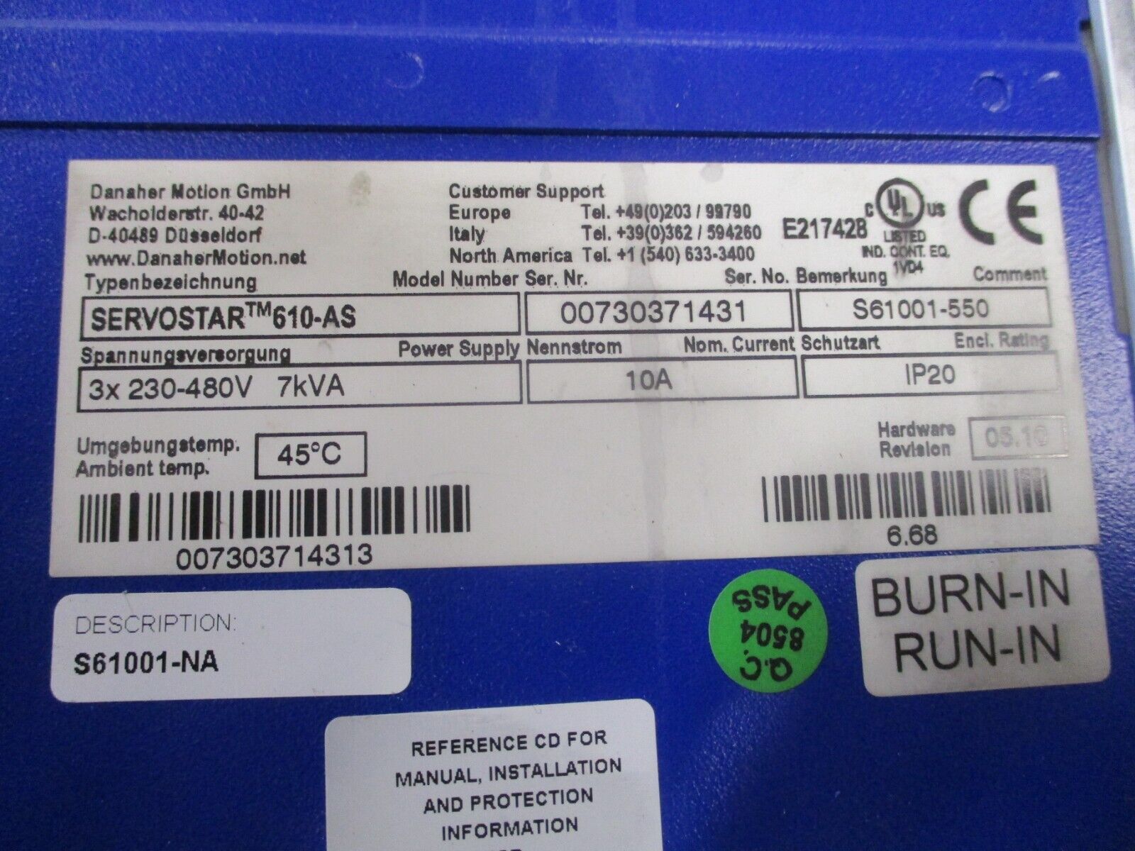 Kollmorgen Servostar Servo Drive 610-AS H/W Rev.05.10 7kVA 3Ph 230-480V 10A Used