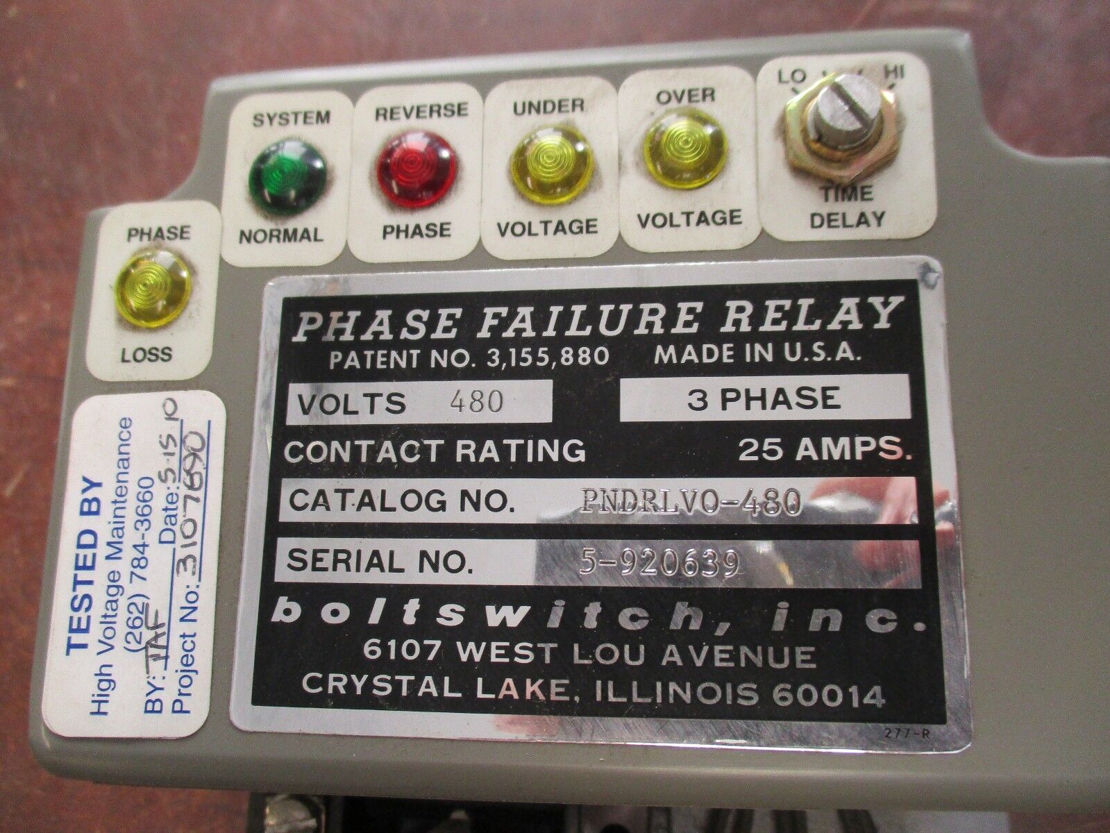 Boltswitch Phase Failure Relay PNDRLV0-480 480V 3Ph Used