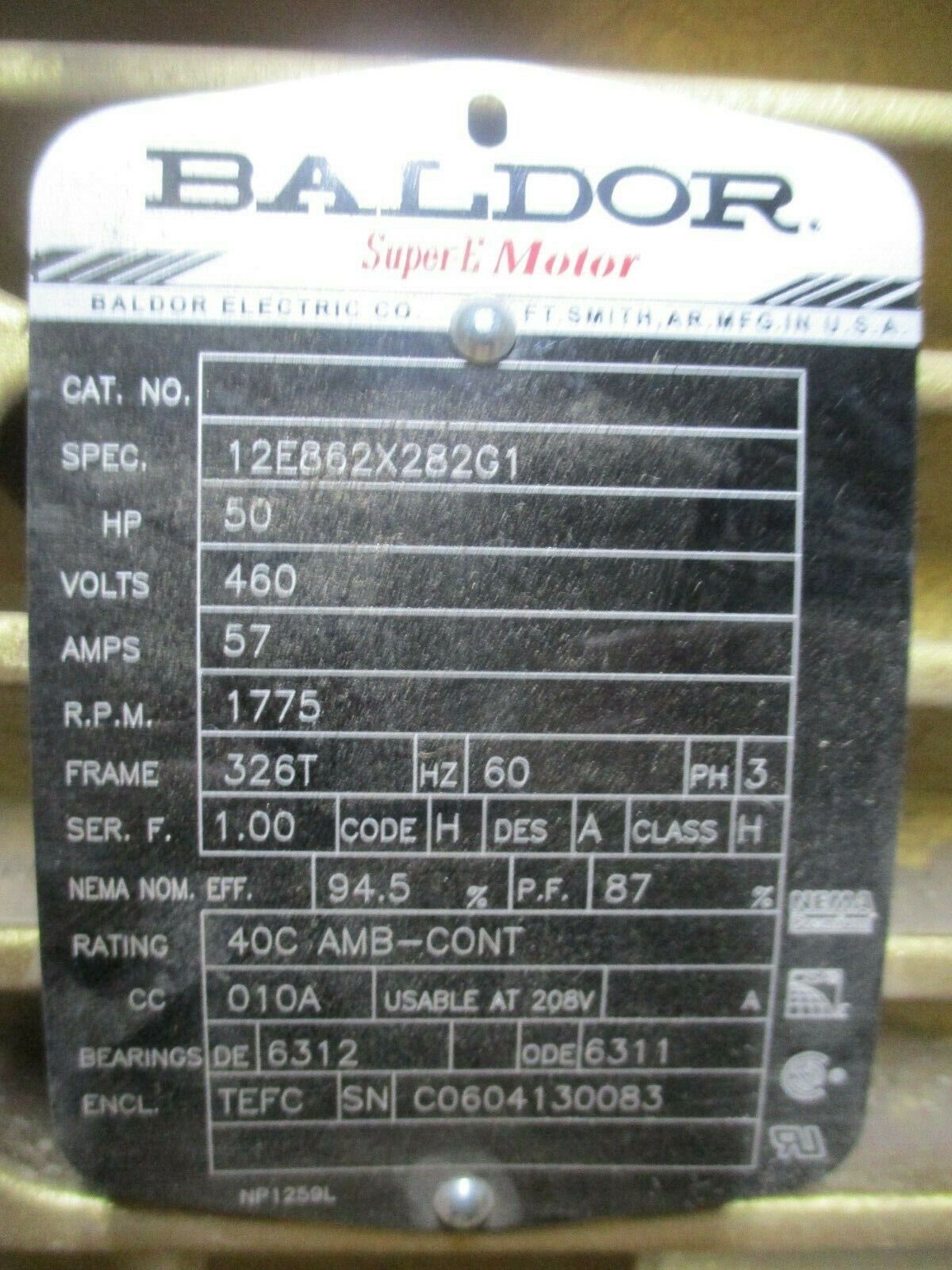 Baldor Super-E AC Motor 12E862X282G1 50HP 1800RPM 460V 57A 326T New Surplus