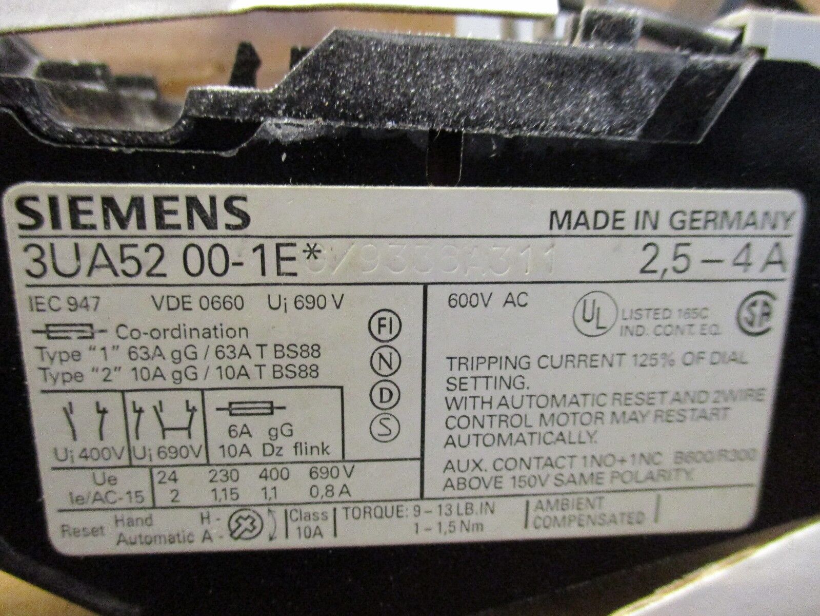 Siemens Solid State Overload 3UA52 00-1E* Range: 2.5-4A New Surplus