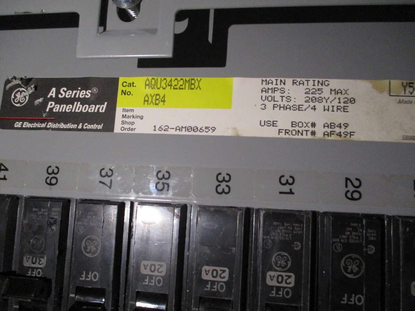 GE Main Lug Breaker Panel AQU3422MBX 225A Max 208Y/120V 3Ph 4W 42-Circuit Used