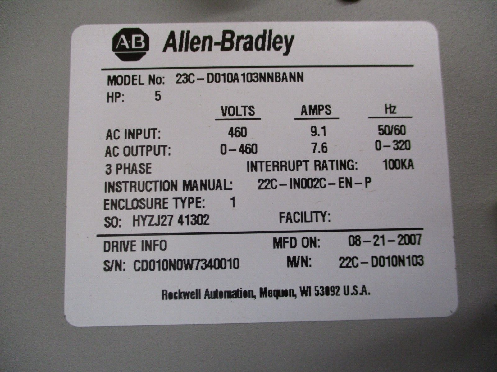 Allen-Bradley PowerFlex 400 AC Drive w/ Bypass 23C-D010A103NNBANN 5HP 3Ph Used