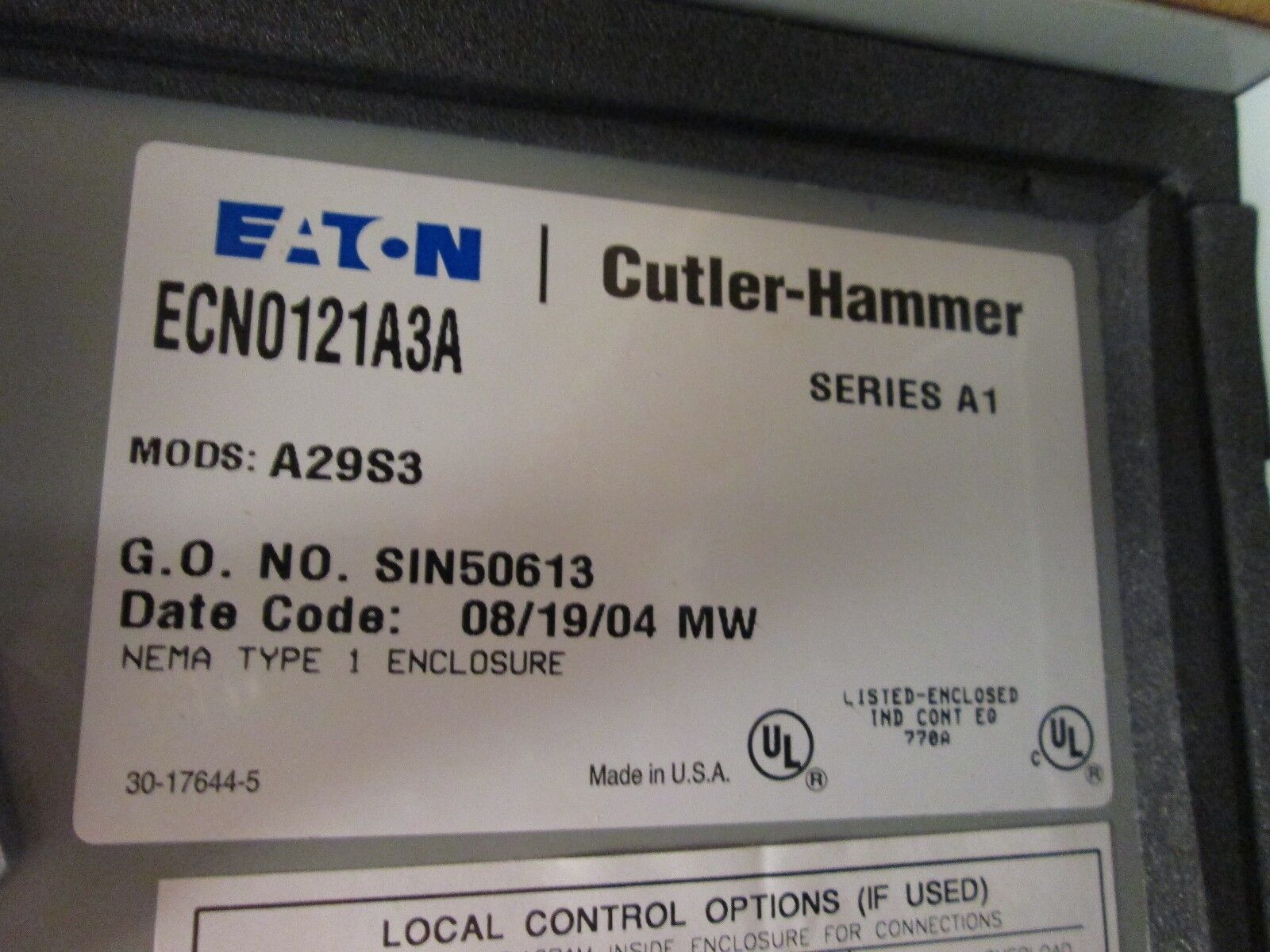 Cutler-Hammer Enclosed Starter ECN0121A3A Size 2 Nema 1 Enclosure New Surplus