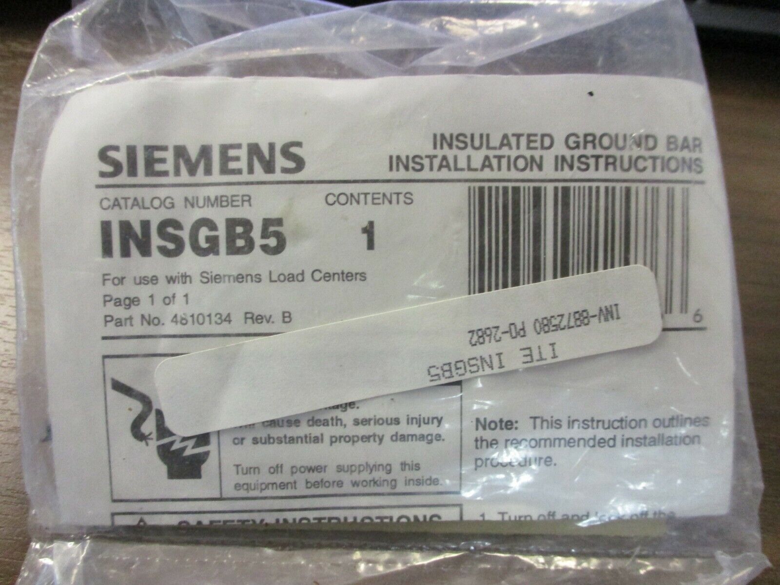 Siemens Insulated Ground Bar Kit INSGB5 New Surplus