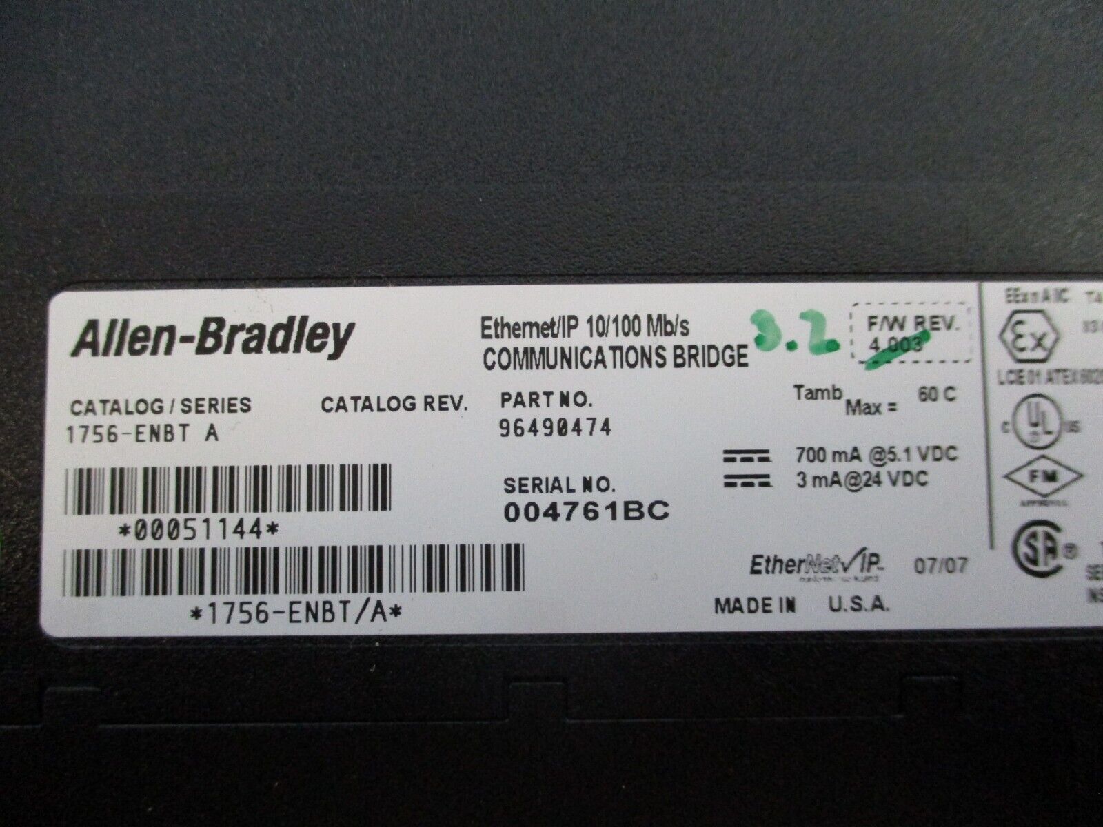 Allen-Bradley Ethernet/IP Comm. Bridge Module 1756-ENBT Ser. A 10/100Mb/s Used
