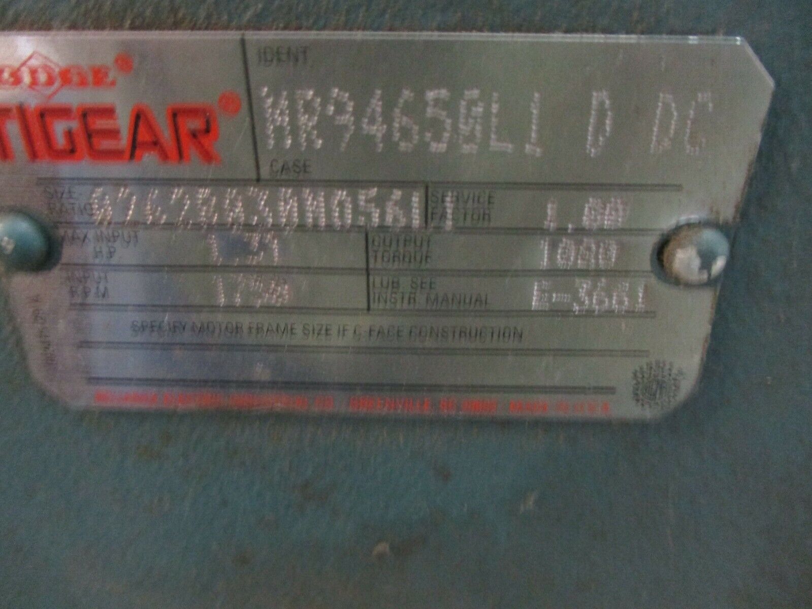 Dodge Tigear Reducer MR94650L1 D DC Size: Q262B030M056L1 Ratio 30:1 1.31HP In