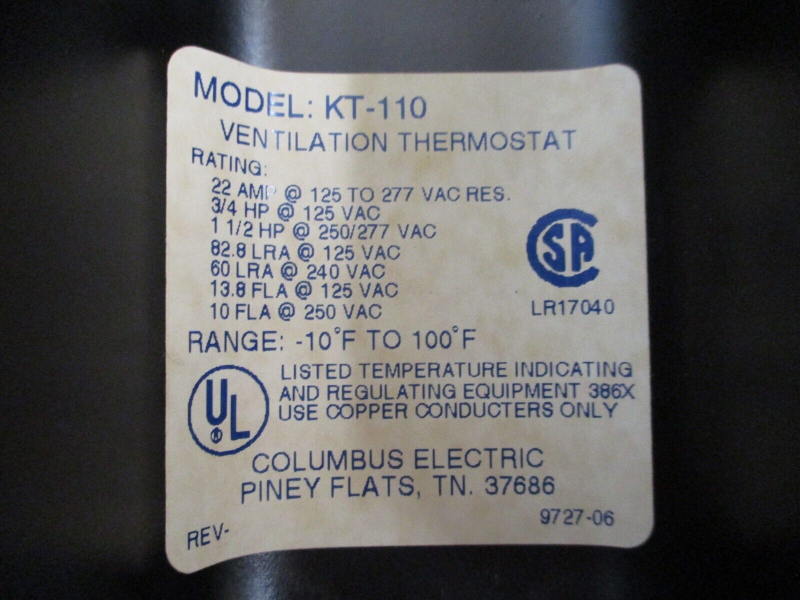 Columbus Electric Ventilation Thermostat KT-110 Range: -10°F - 100°F Used