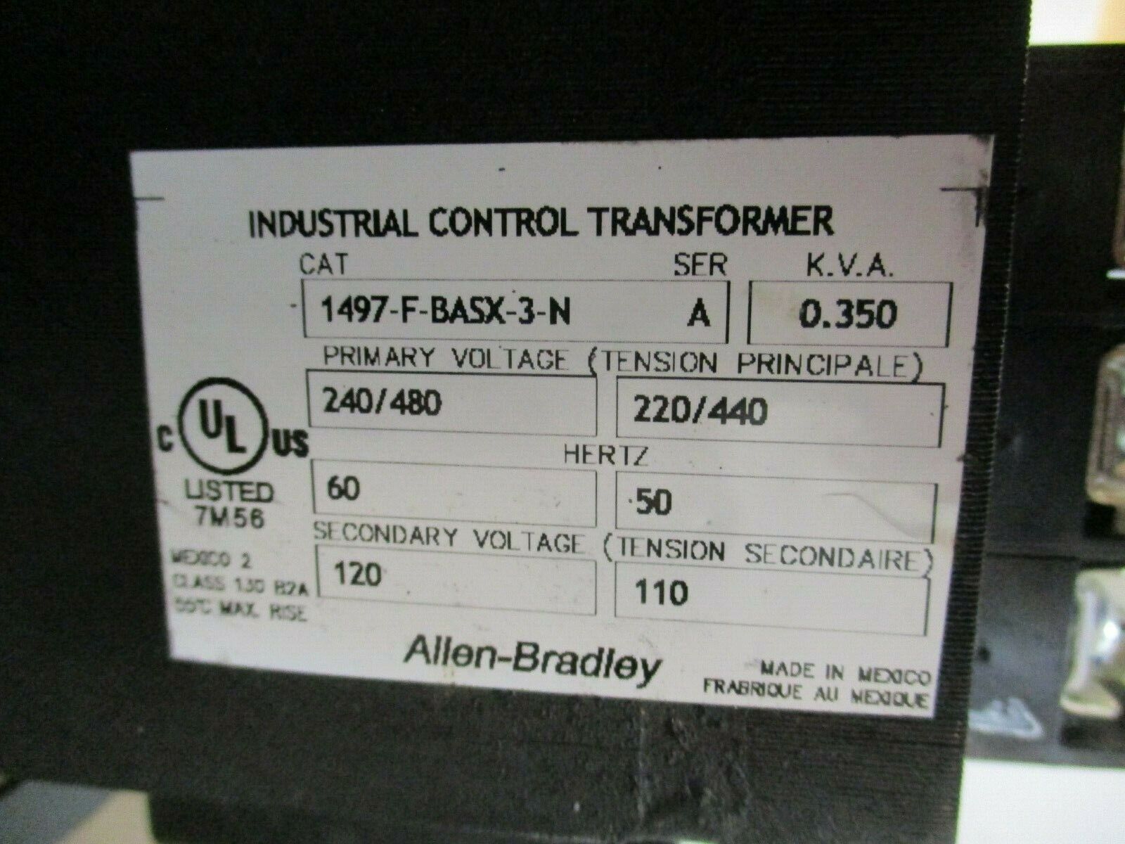 Allen-Bradley Control Transformer 1497-F-BASX-3-N 0.350kVA Pri: 240/480V Used