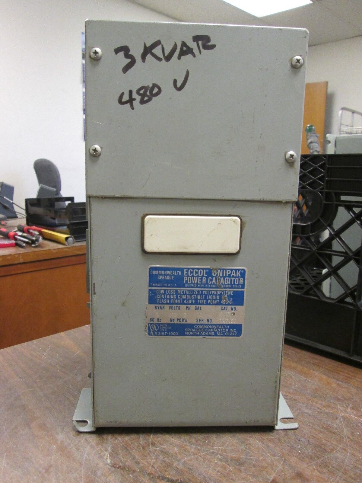 Commonwealth Sprague Eccol Unipak Power Capacitor 343PMU 3kvar 480V 3Ph Used