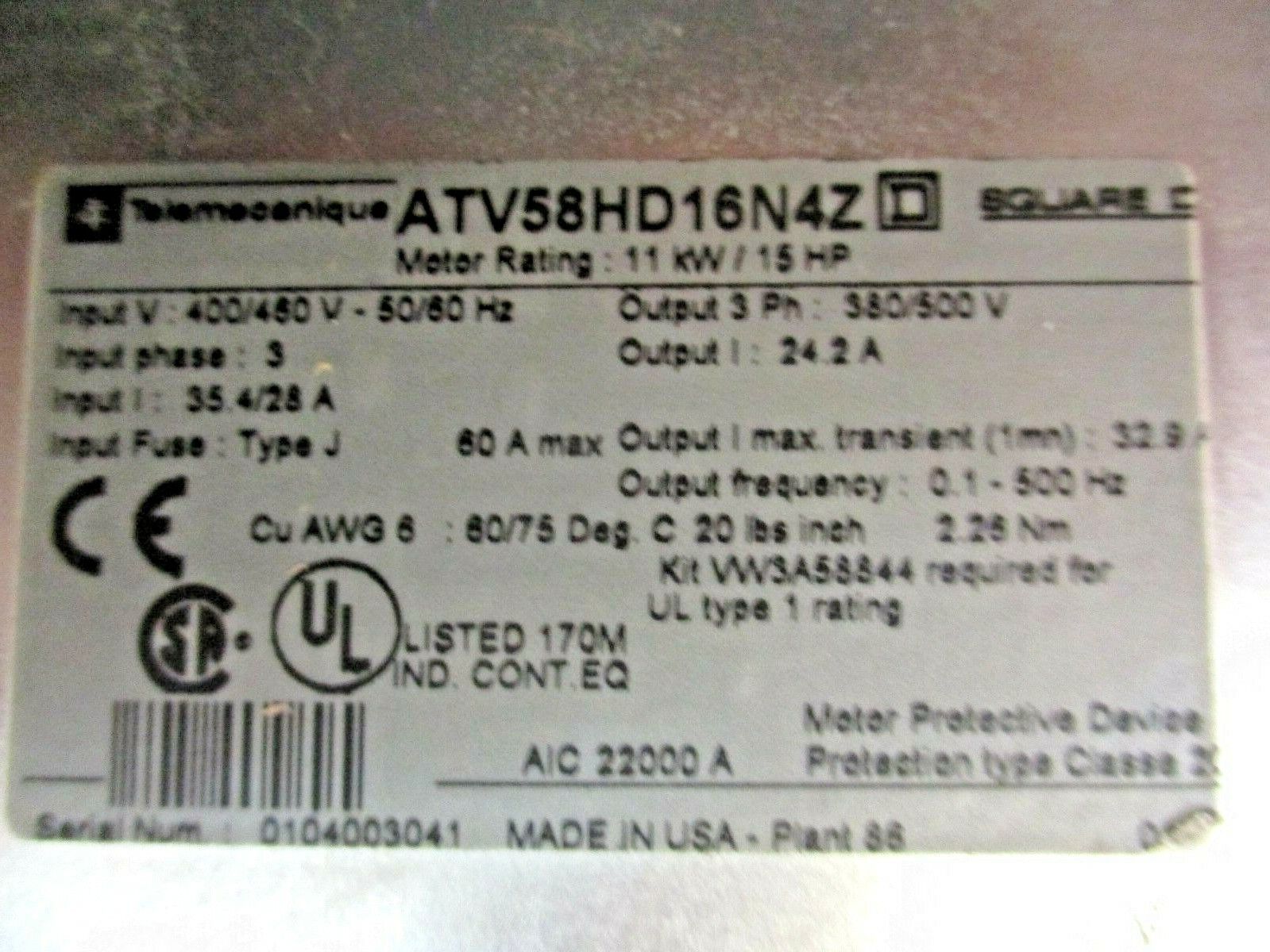 Square D Altivar 58 AC Drive ATV58HD16N4Z 15HP w/ VW3A58202 I/O Card *No Keypad*