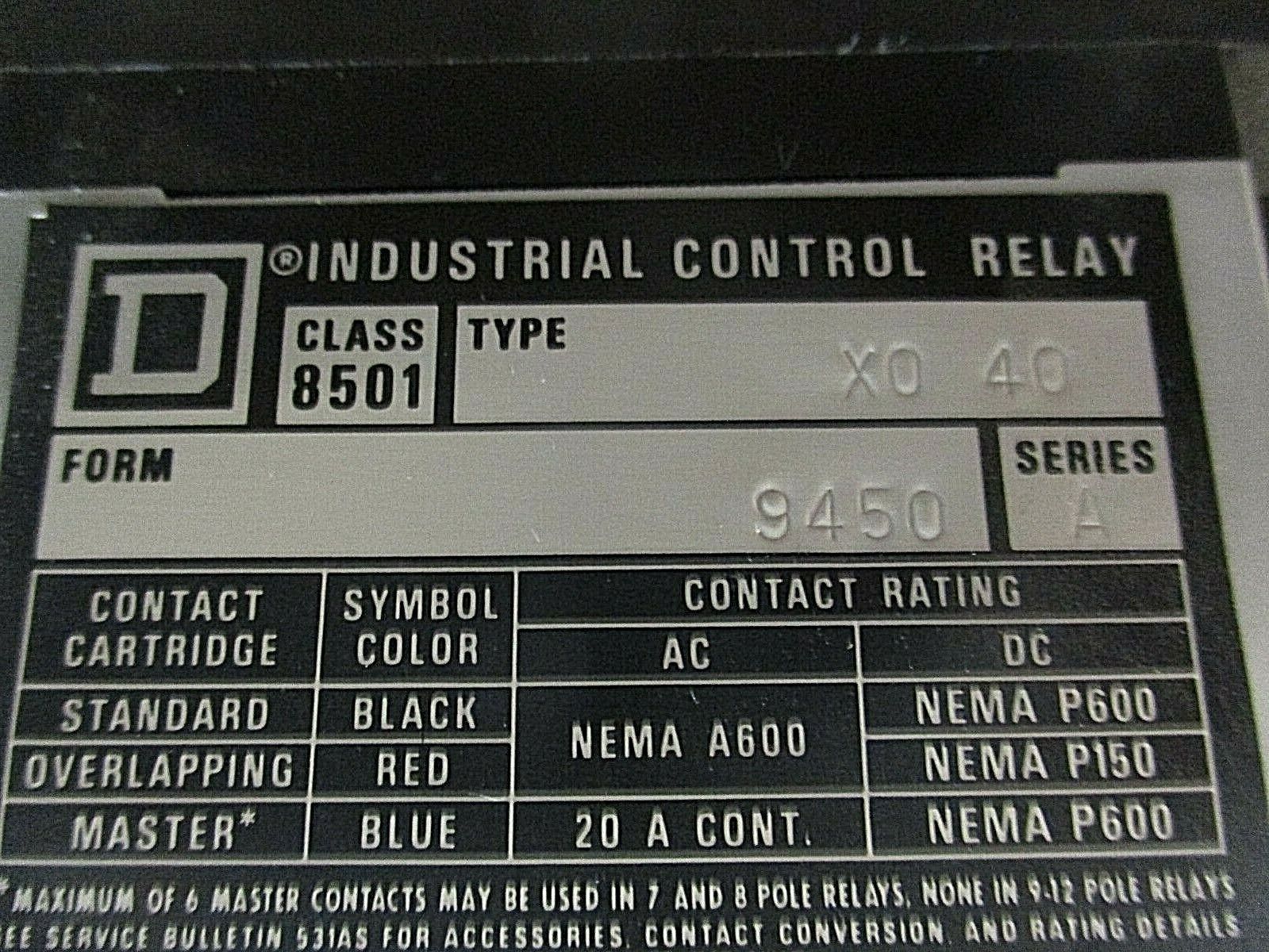 Square D Timing Relay 8501XTE1 8501X040 0.1-60 Sec 120V Coil Used