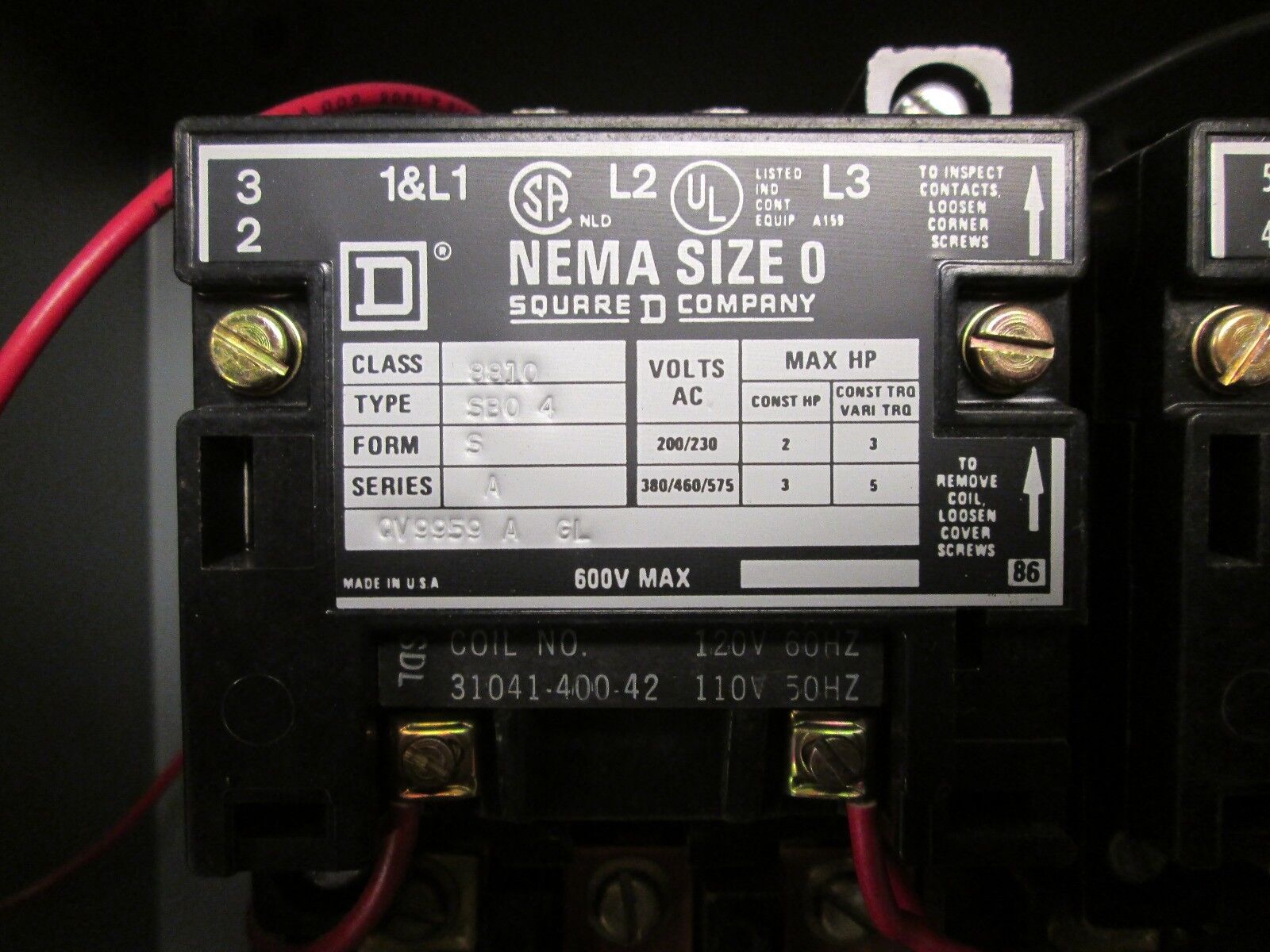 Square D 2 Speed Starter 8810SBG4 Size 0 120V Coil Nema 1 Enclosure Used