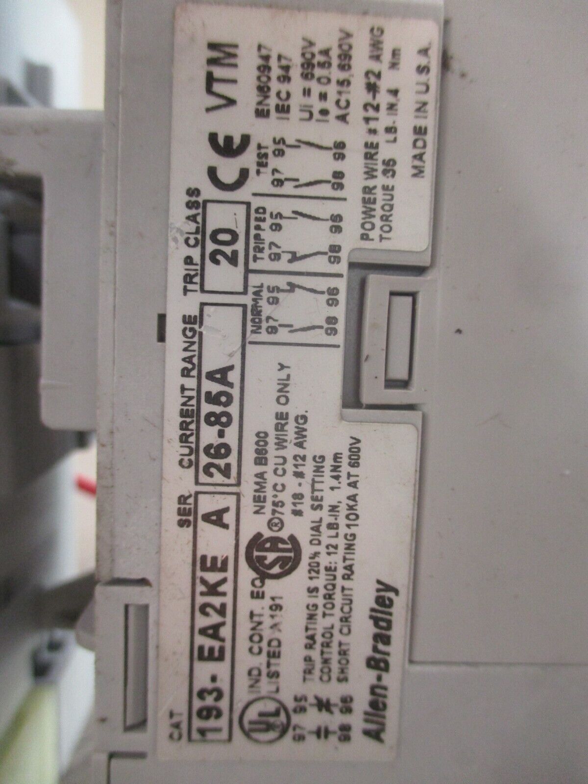 Allen-Bradley Starter 100-C85*00/193-EA2KE 120V Coil Trip: 26-85A 600V Used