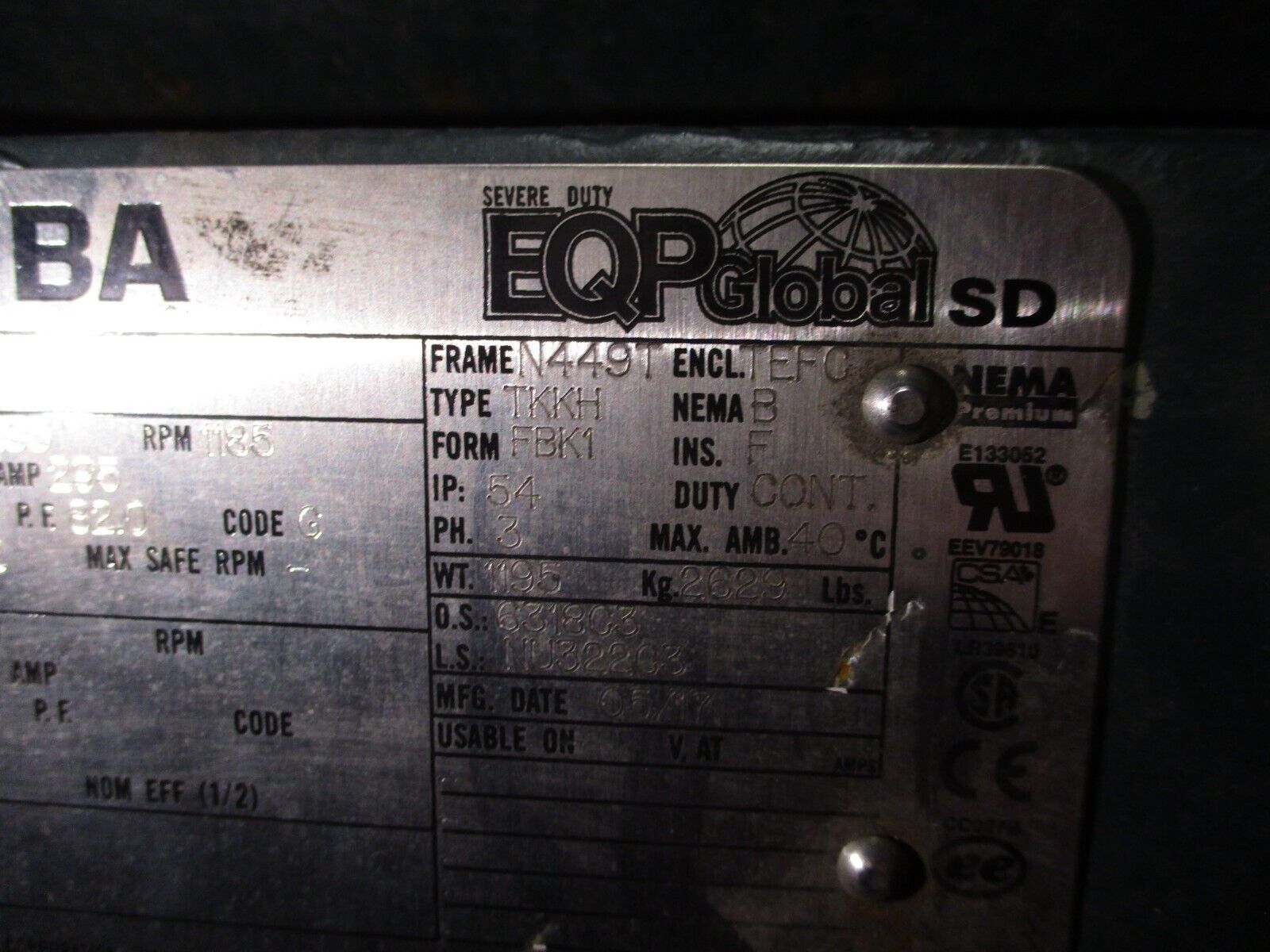 Toshiba EQP Severe Duty AC Motor B2506FLF4BMHL 250HP 1200RPM 460V 295A 60Hz 3Ph