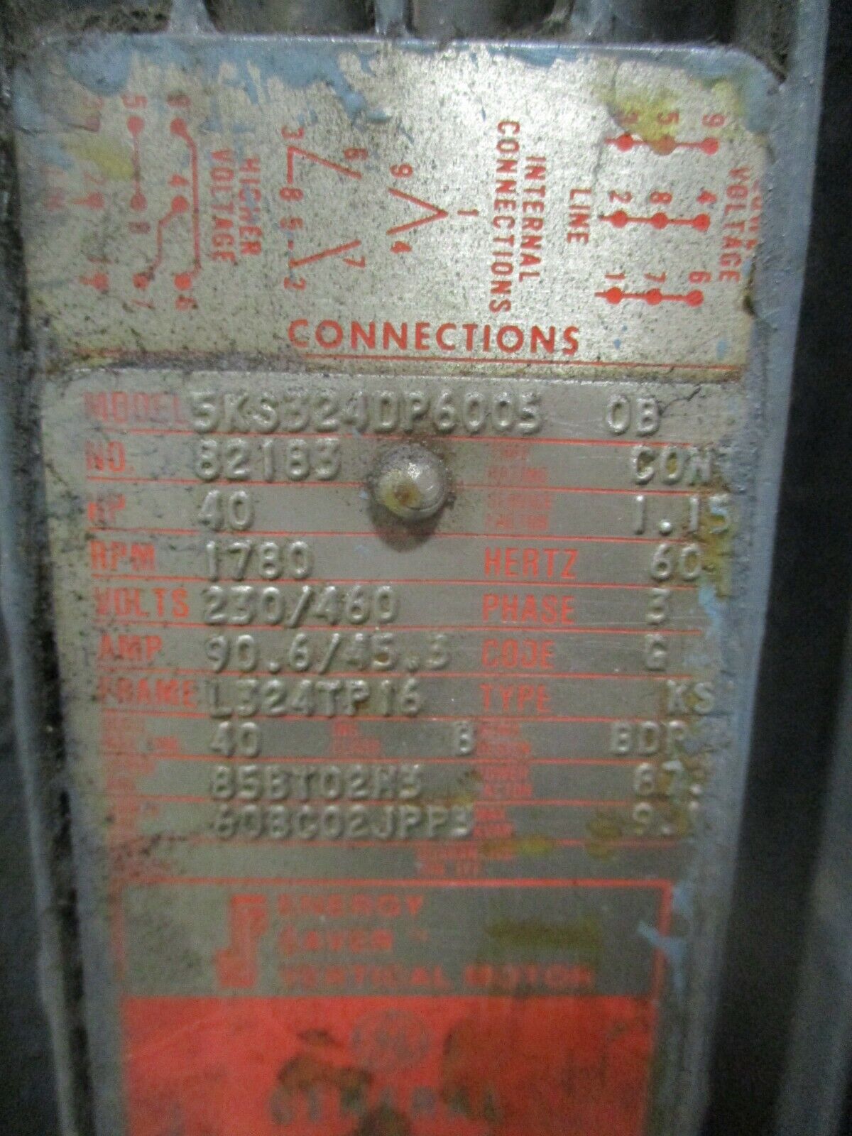 GE Vertical Mount Hollow Shaft Non-Reversing AC Motor 5KS324DP6005 OB 40HP Used