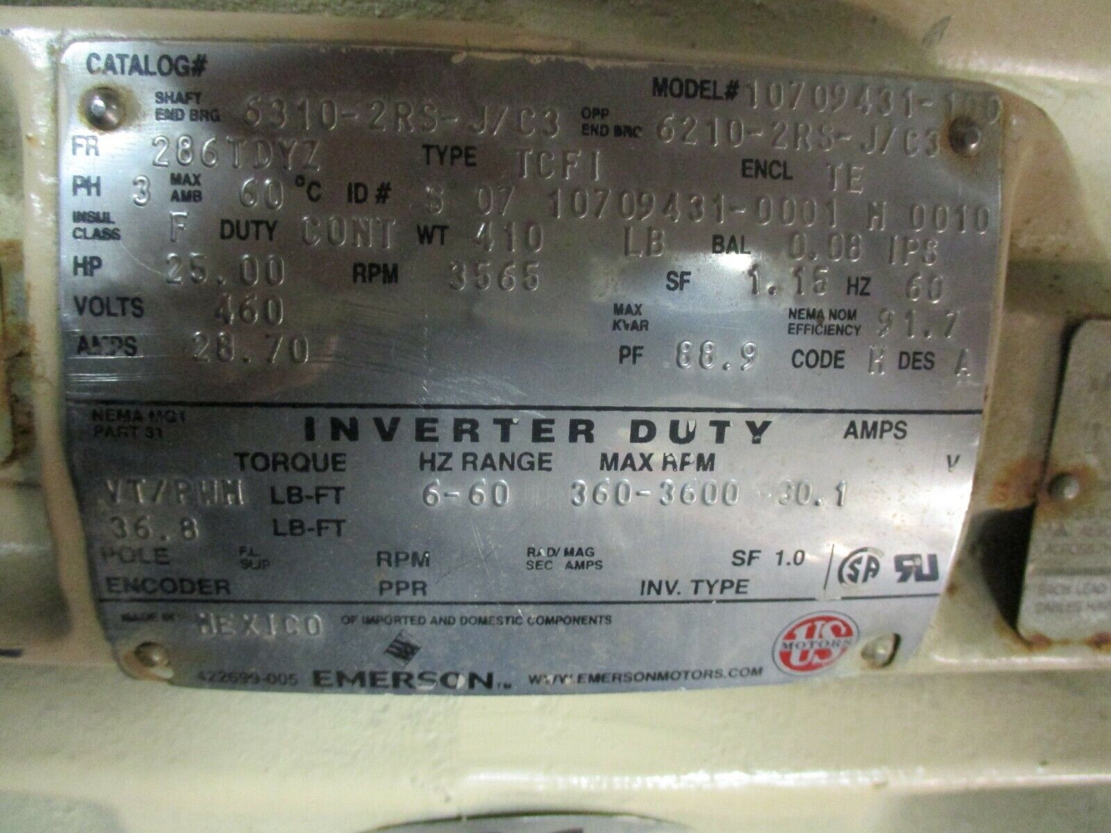 US Motors AC Motor 10709431-100 25HP 3600RPM TE 286TDYZ Frame Used