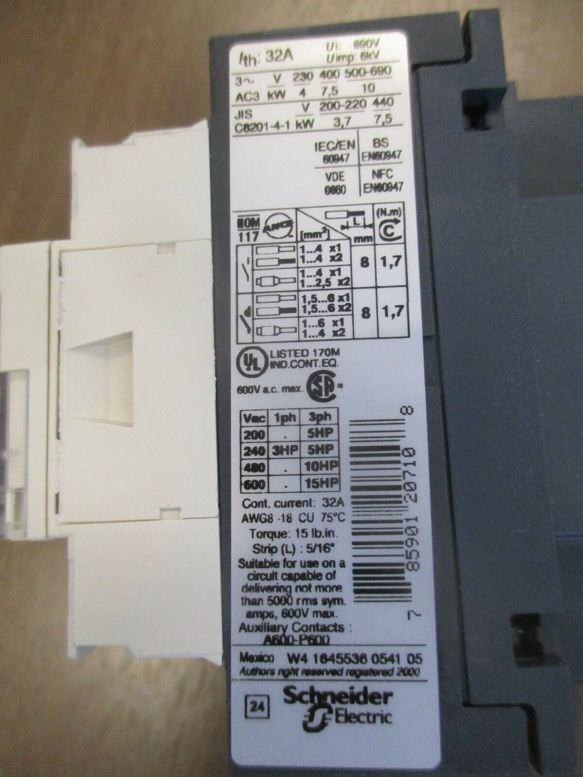 Schneider Electric Contactor LC1 D18 120V Coil 32A 600V Used