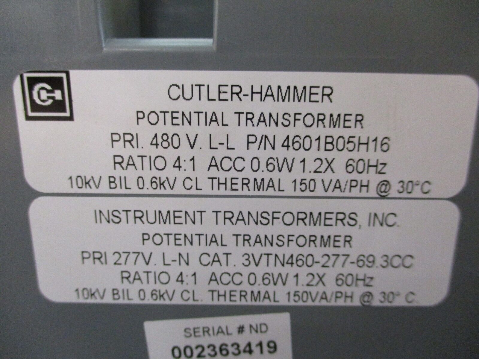 Cutler-Hammer / Instrument Transformers Potential Transformer Ratio 4:1 Used