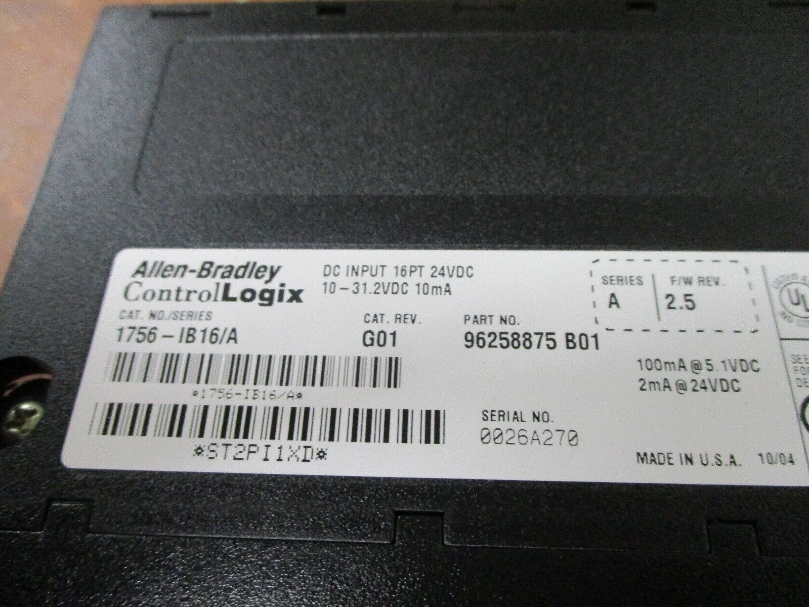 Allen-Bradley ControlLogix DC Input Module 1756-IB16/A Rev. G01 F/W: 2.5 Used