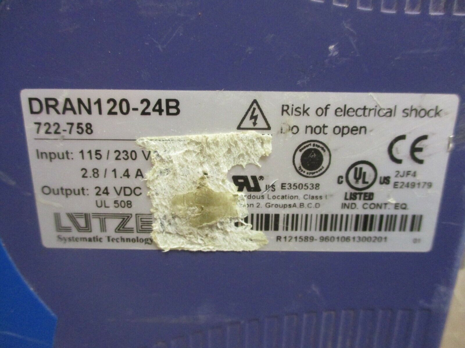LÜTZE Power Supply DRAN120-24B Input: 115/230V, 2.8/1.4A Output: 24VDC Used