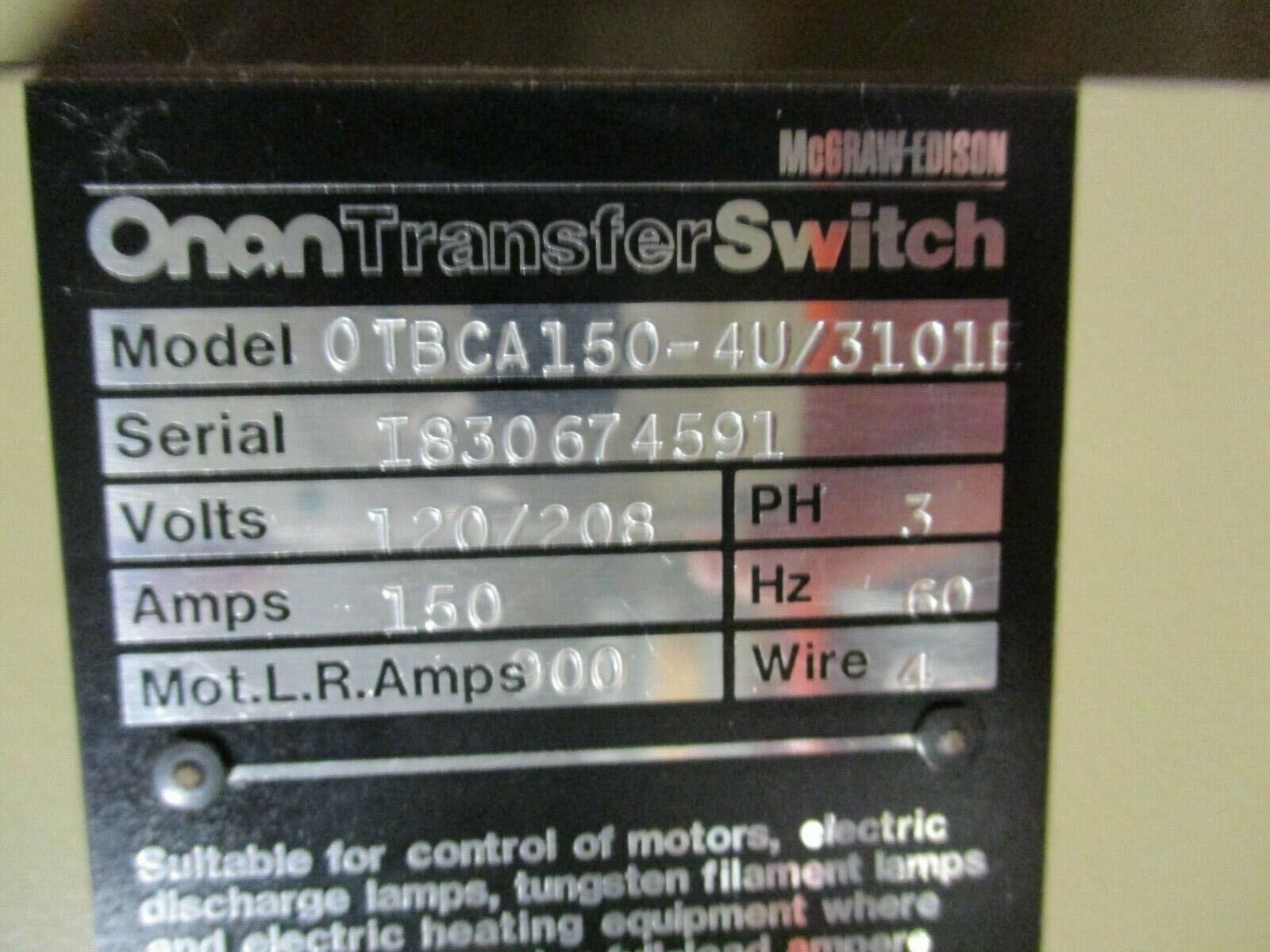 Onan Automatic Transfer Switch OTBCA150-4U/3101E 120/208V 150A 3Ph 60Hz 4W Used