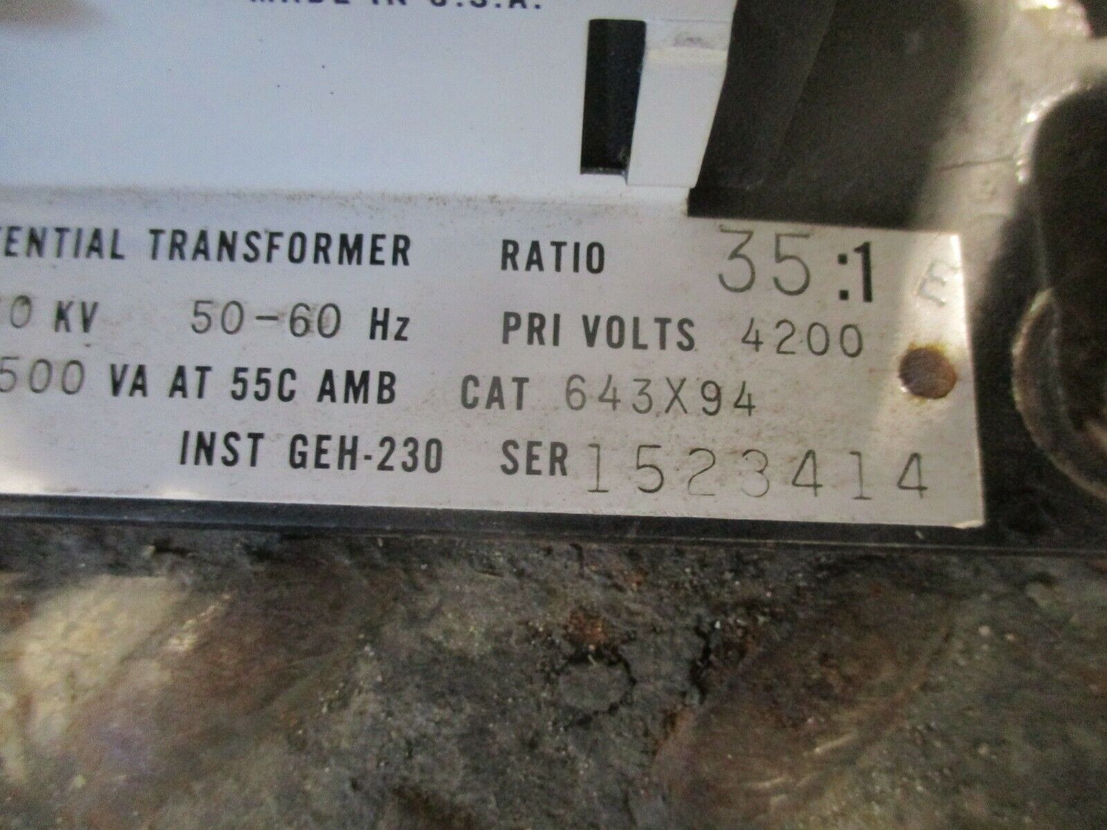 GE Type JVM-3 Potential Transformer 643X94 Ratio 35:1 Pri: 4200V 5KV 60KV BIL