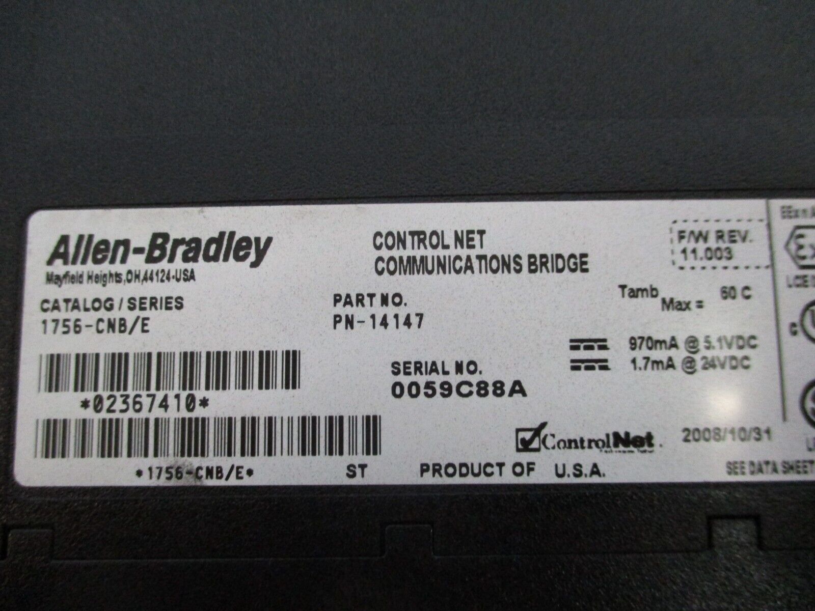 Allen-Bradley ControlNet Comm. Bridge Module 1756-CNB Ser. E F/W Rev. 11.003