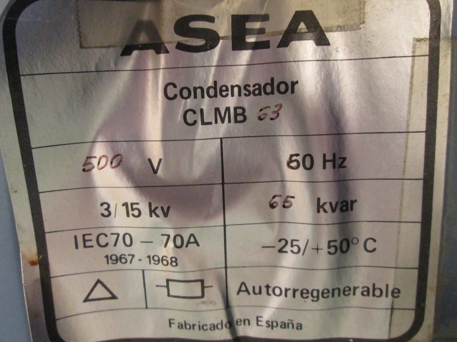 Asea Capacitor CLMB63 65 KVAR 500V Used