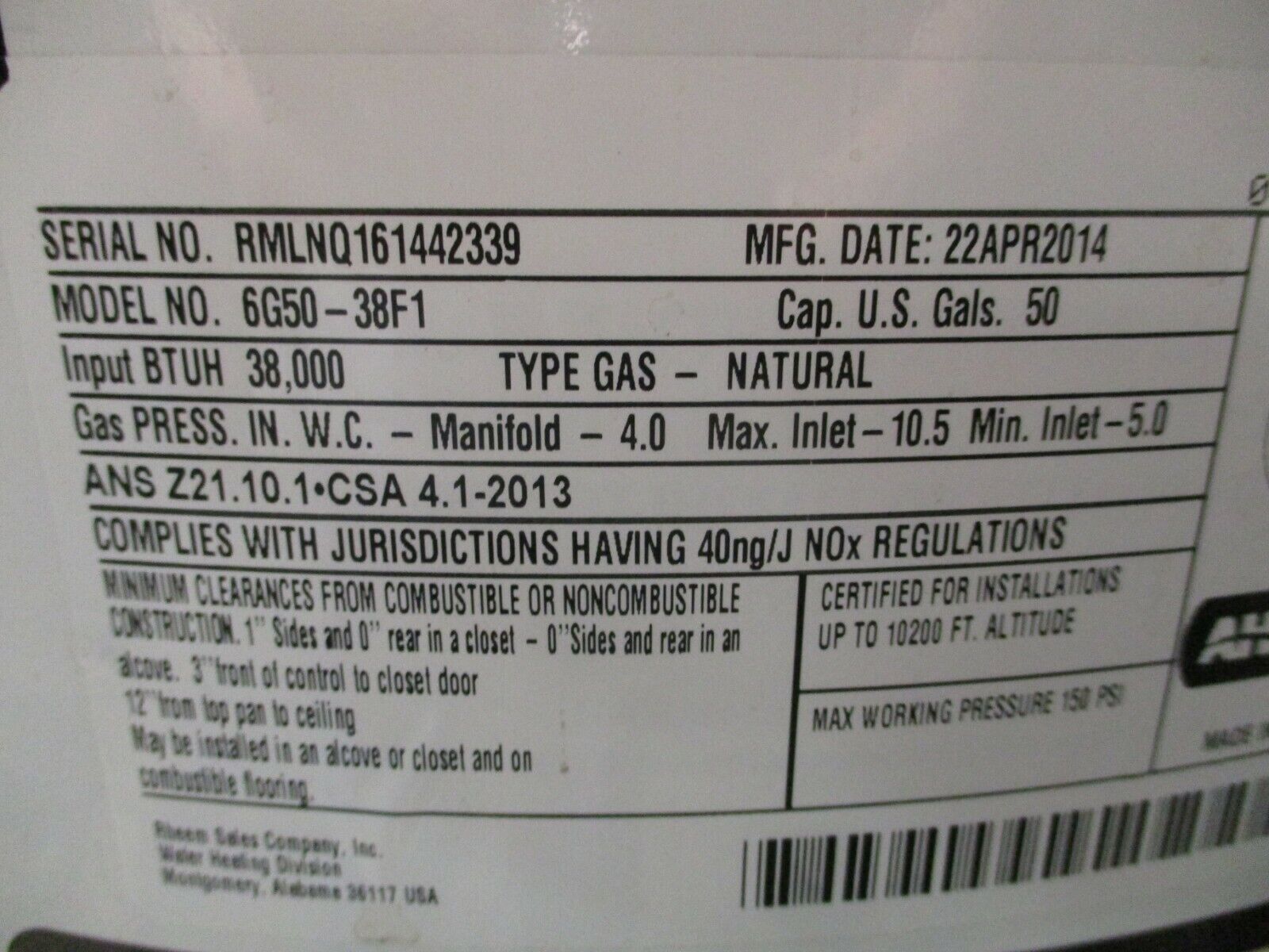 Richmond Natural Gas Water Heater 6G50-38F1 38,000BTU 50-Gallon Used
