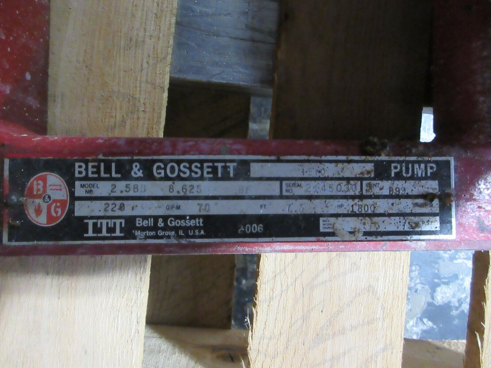 Bell & Gossett 1510 Pump 2.5BB 8.625 BF 7.5HP 70FT Head 220GPM 1800RPM Used