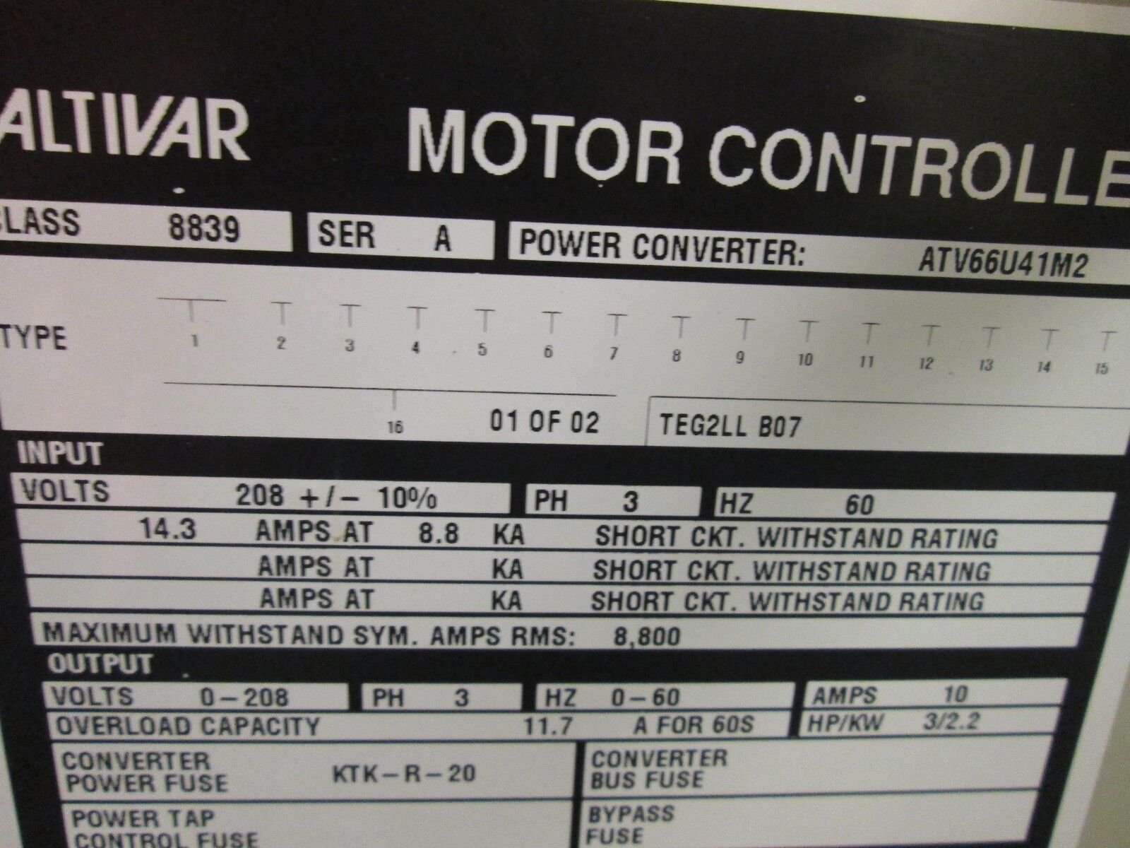Square D Altivar 55 Bypass & AC Drive 8839ATV66U41M2 3HP *Bad Keypad* Used