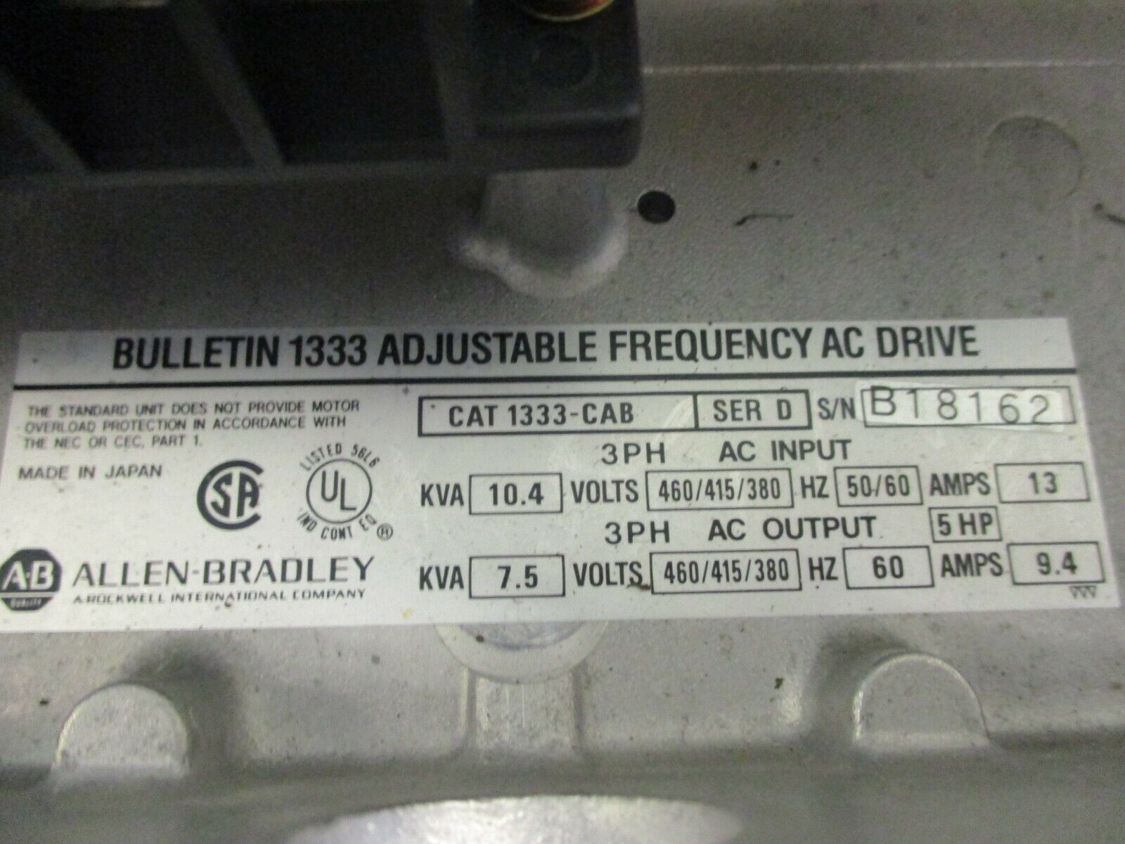 Allen-Bradley AC Drive 1333-CAB 5HP 3Ph Used
