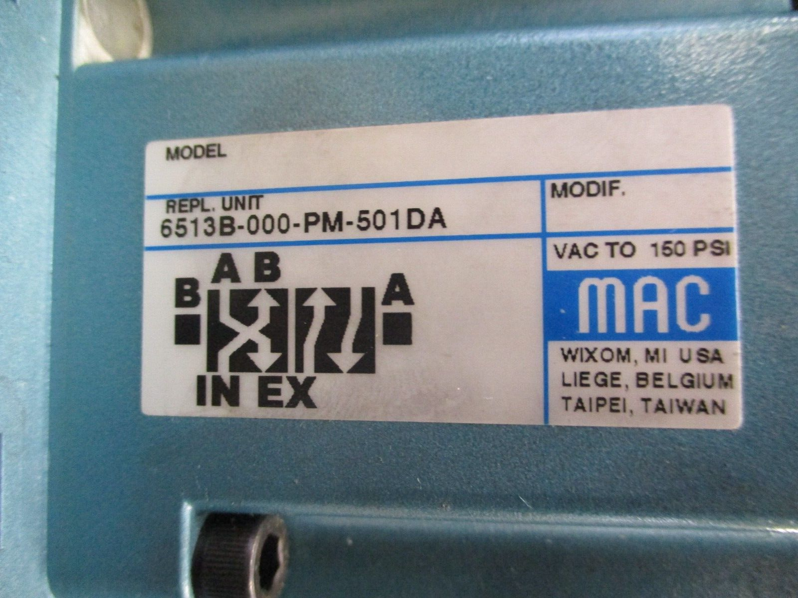 MAC Solenoid Valve 6513B-000-PM-501DA VAC to 150PSI Used