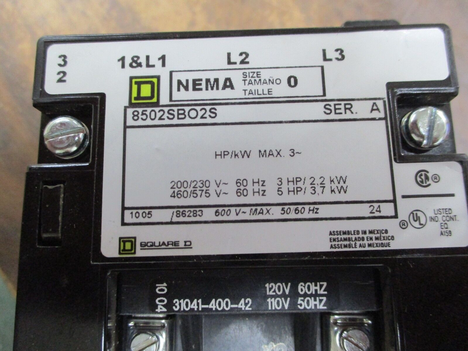 Square D Size 0 Contactor 8502SB02S 120V Coil 5HP 600V 50/60Hz Used