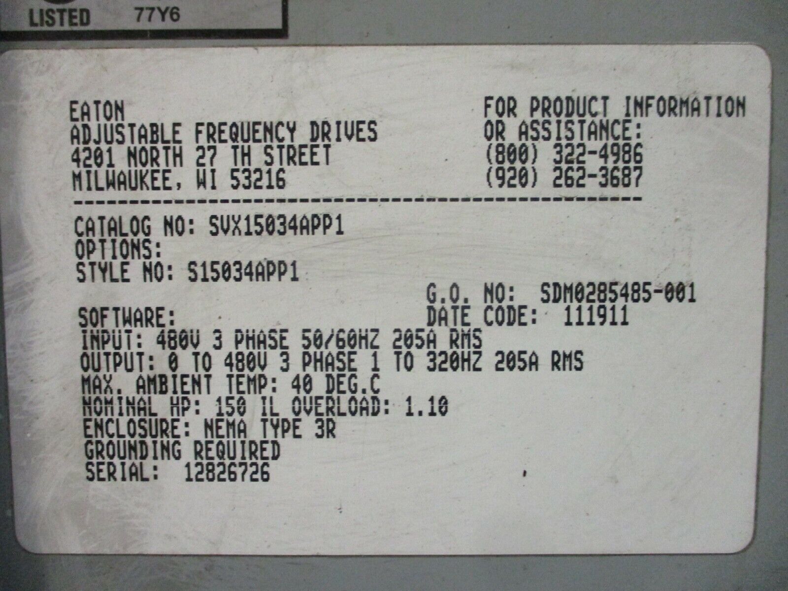 Eaton SVX9000 Nema 3R AC Drive SVX15034APP1 150HP 480V 3Ph Used