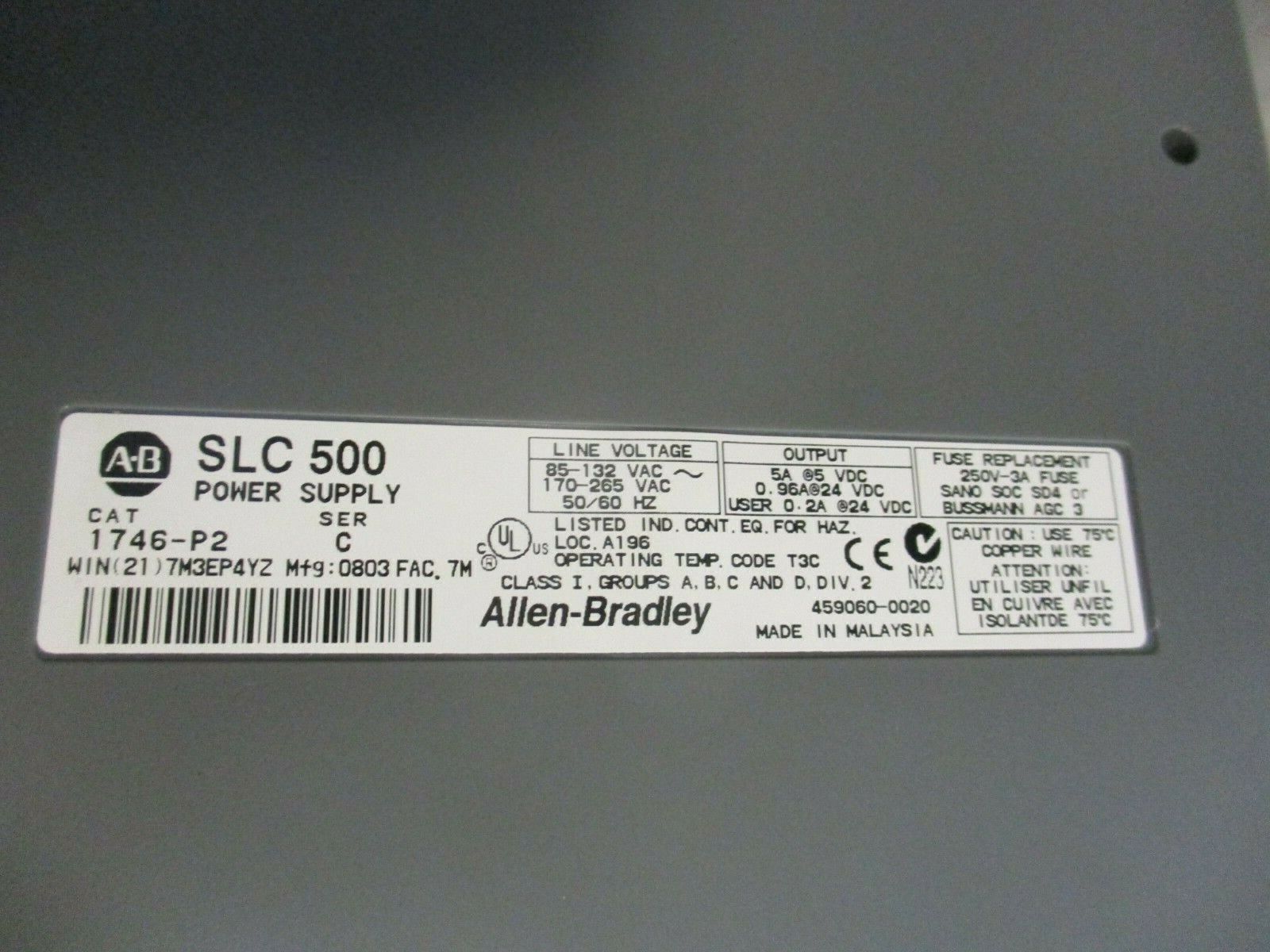 Allen-Bradley SLC 500 PLC Rack w/ Power Supply 1746-A7 / 1746-P2 Ser. A 7-Slot