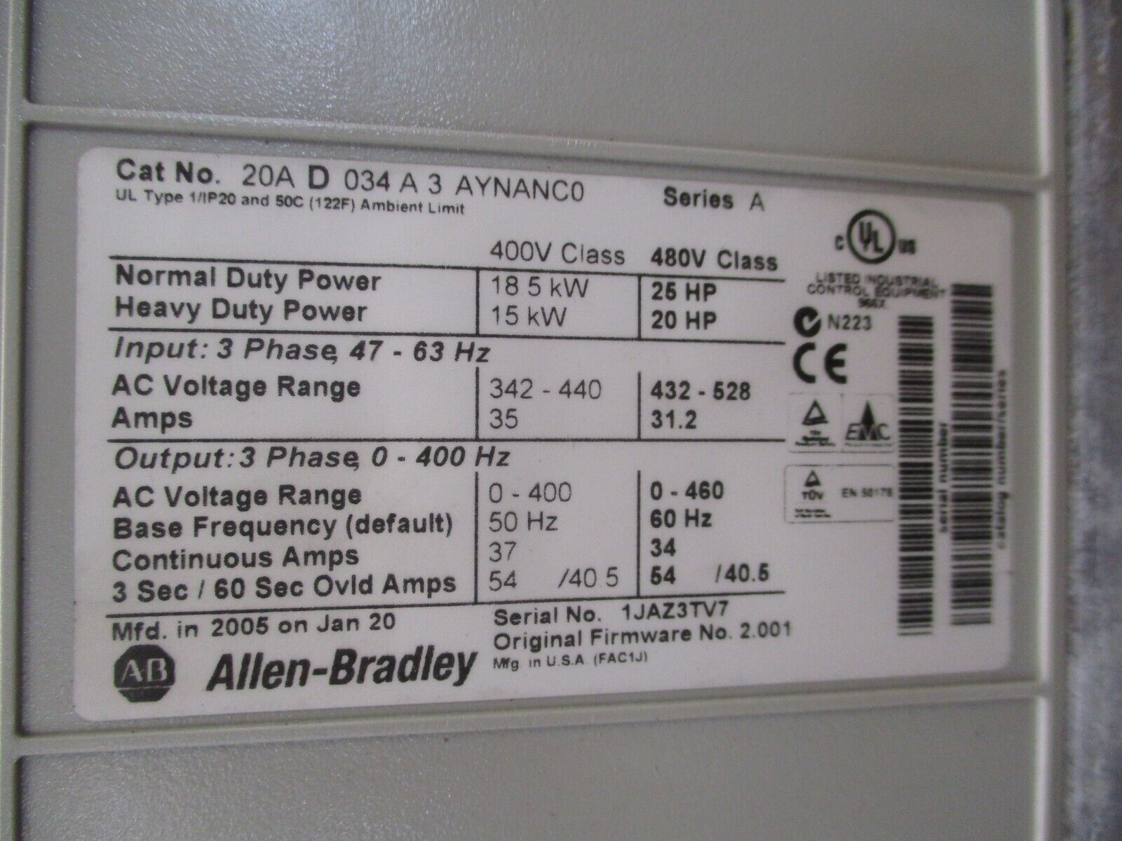 Allen-Bradley PowerFlex 70 AC Drive 20AD034A3AYNANC0 25HP 3Ph w/ Keypad Used